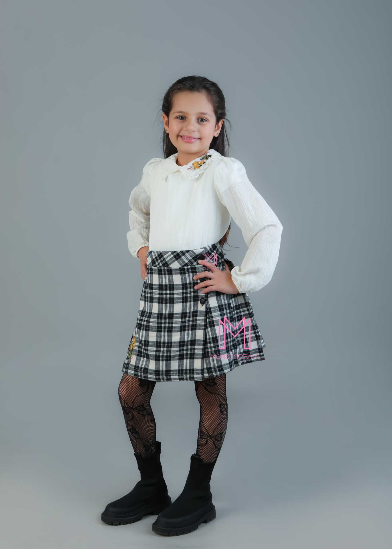 Ensemble Moutard jupe carreaux et chemise pour fille